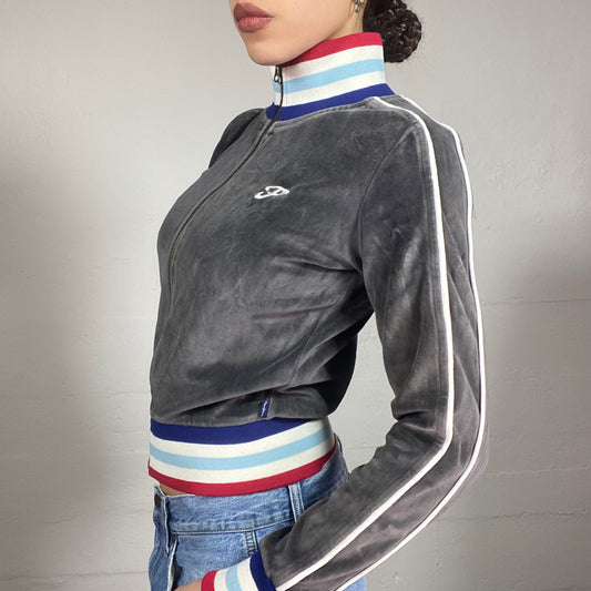 Vintage 2000's Pepe Jeans Guido Grey Velvet Zip Up Hoodie with Red Trims and 'P' Embroidery Detail (S)