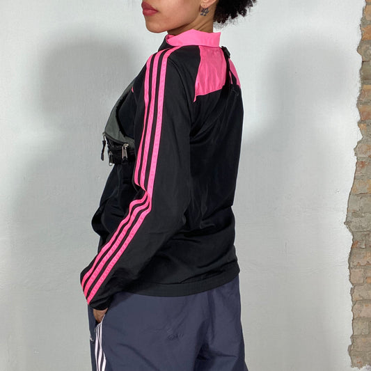 Vintage 2000's Adidas Black and Neon Pink Zip Up Sweater (S)