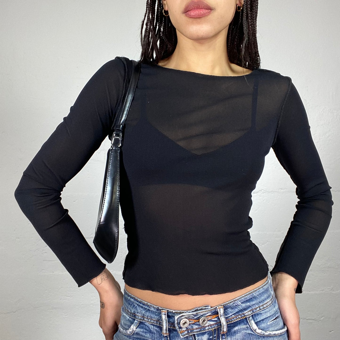 Vintage 90's Model Off Duty Black Mesh Longsleeve Top (S)