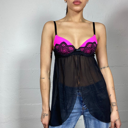 Vintage 2000's Lingerie Black Mesh Top with Fuchsia Chest Cups Detail (S)