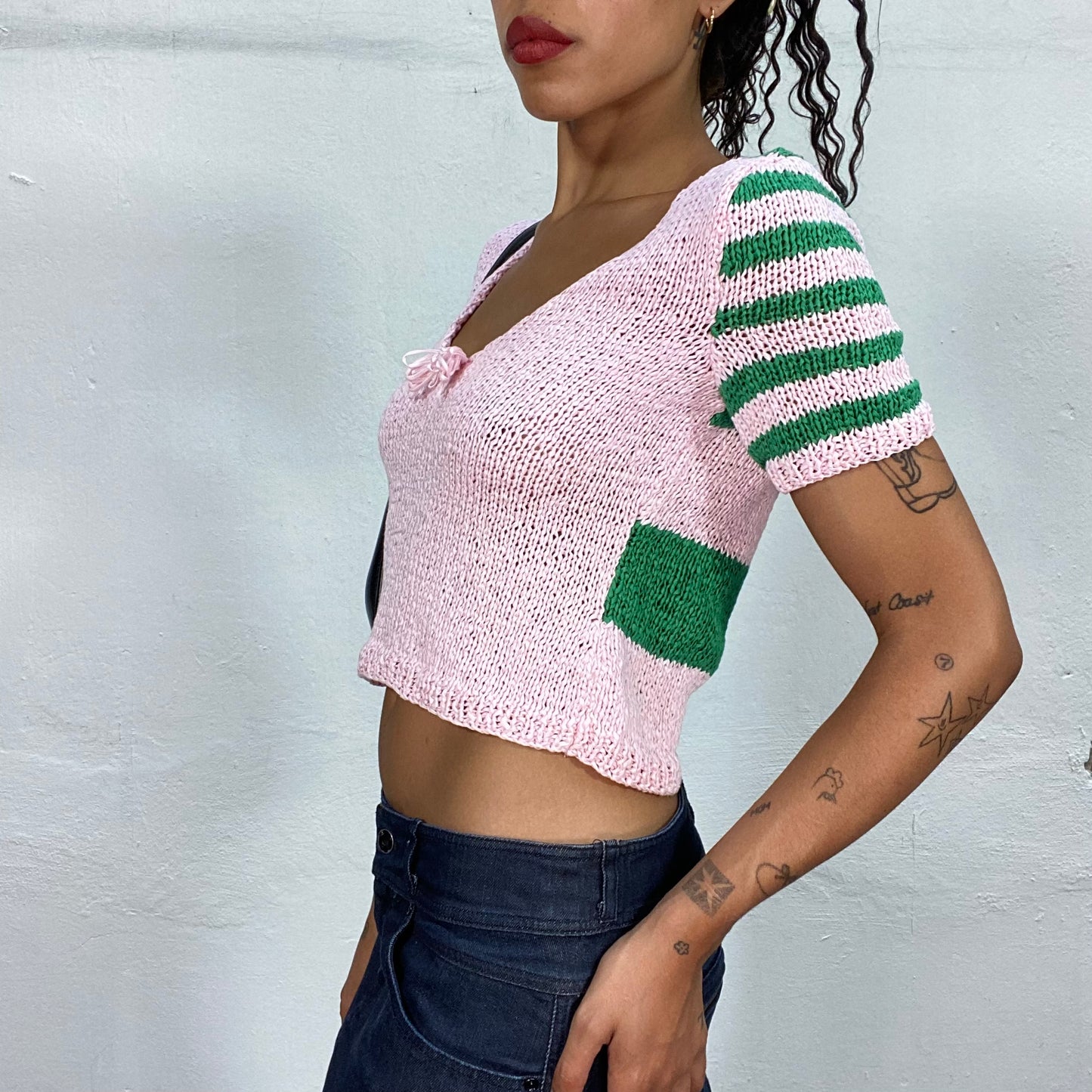 Vintage 90's Cute Girl Pink  Crochet Top with Green Striped Detail (S/M)