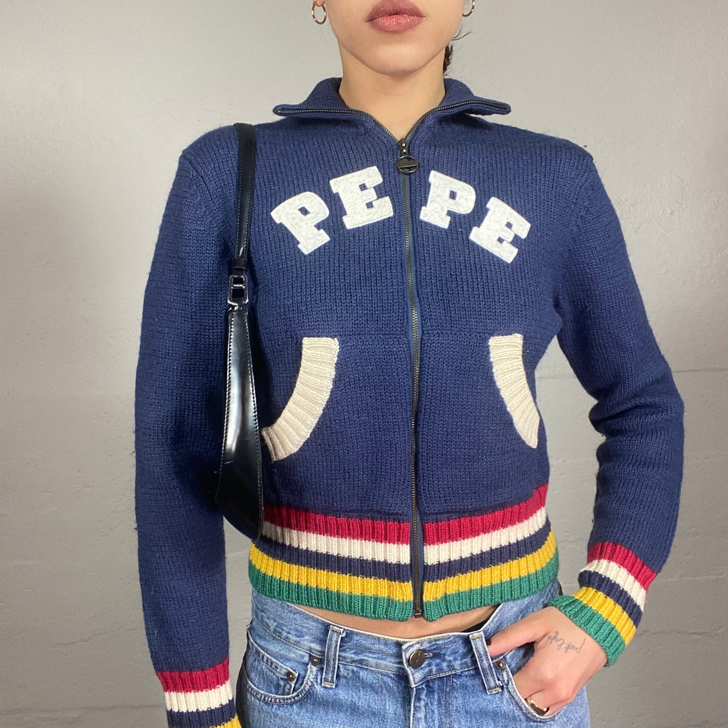 Vintage 90's Pepe Jeans Downtown Girl Blue Knitted Zip Up Hoodie with Red Trims and Brand Embroidery Detail (M)