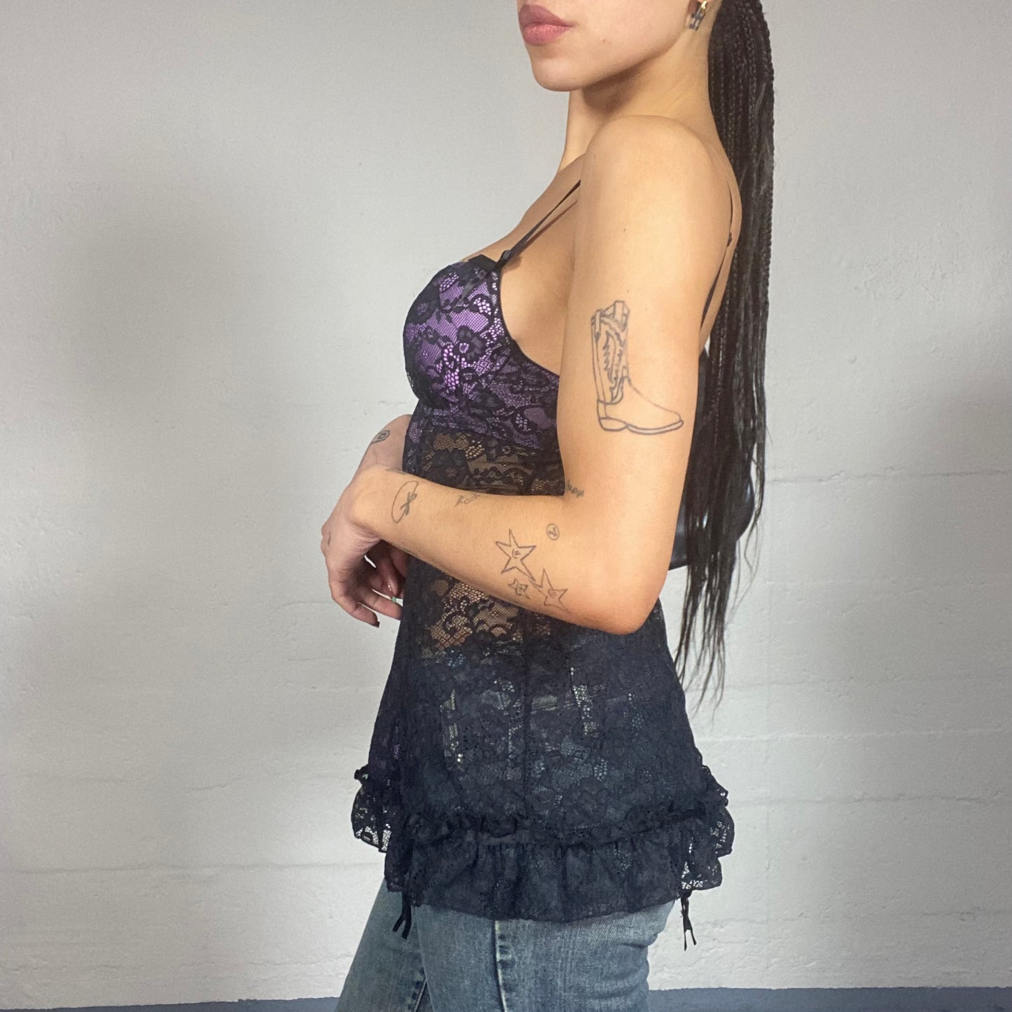 Vintage 2000's Lingerie Purple Long Corset Top with Black Floral Lace Covering (S)