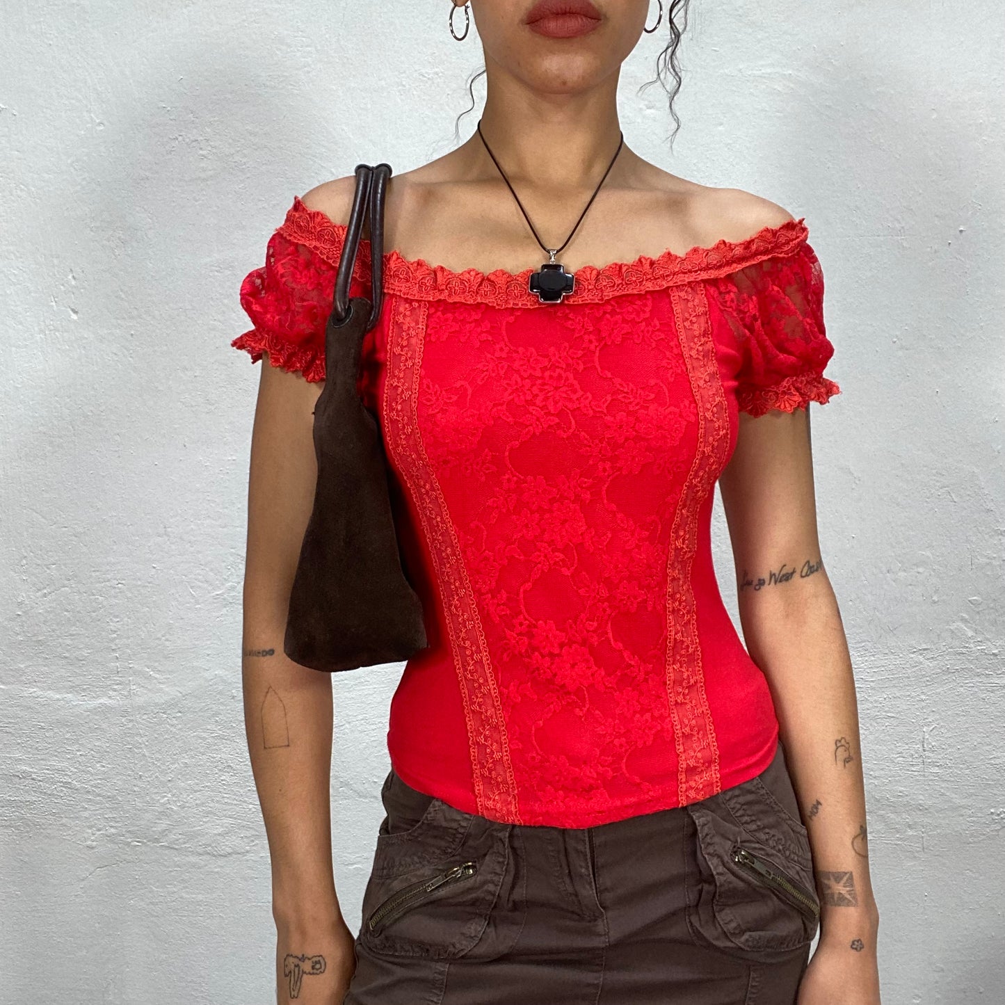 Vintage 2000's Coquette Red Lace Shirt with Scrunched Sleeves (S)