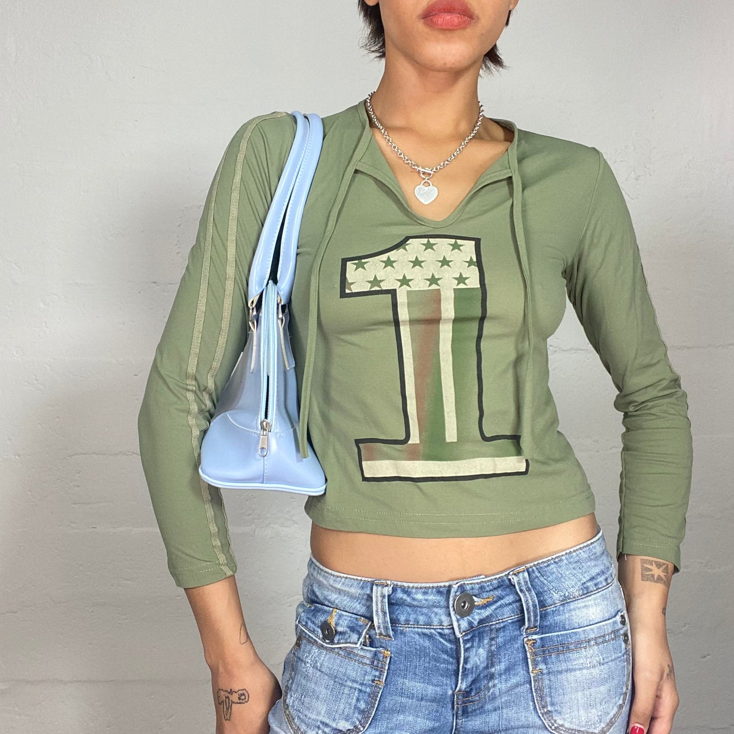 Vintage 90's College Girl Green Longlseeve Top with Number One Print (M)