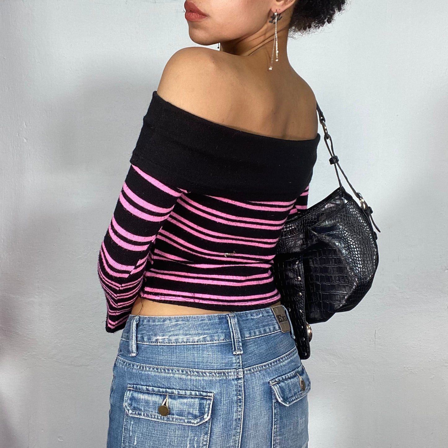 Vintage 90's Black and Pink Striped Off Shoudler Sweater (S)