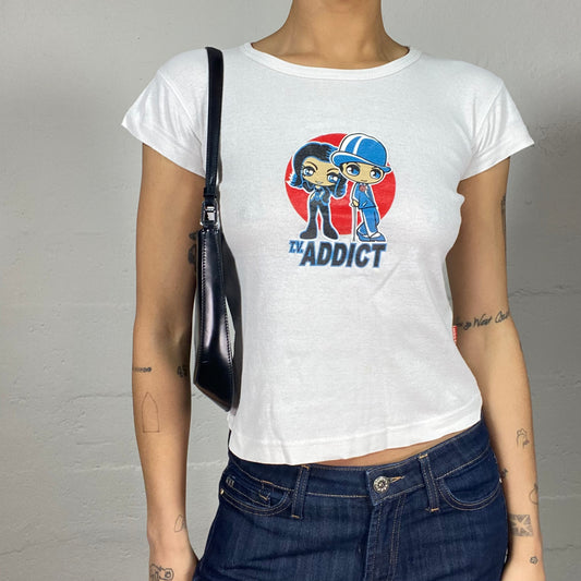 Vintage 2000's Downtown Girl White Top with Cartoon Catwoman „addict“ Print (S)