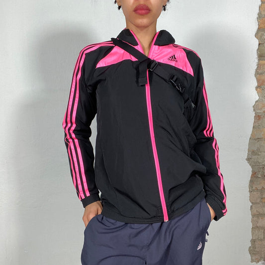 Vintage 2000's Adidas Black and Neon Pink Zip Up Sweater (S)