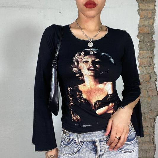 Vintage 2000's Archive Black Trumpet Sleeve Top with Marilyn Monroe Print (S)