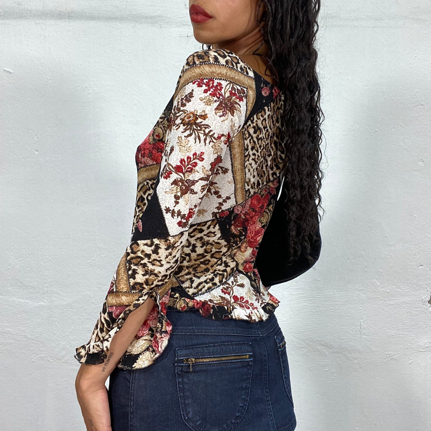 Vintage 90's Janice Brown Longsleeve Top with Patchwork Mixed Leo and Floral Print (S/M)