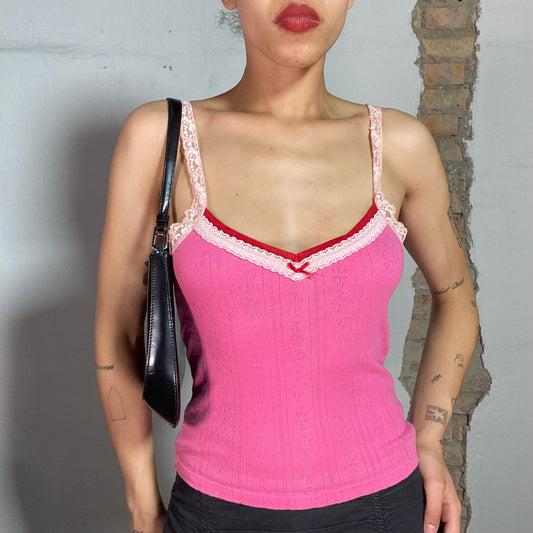 Vintage 2000's Soft Girl Pink Tan Top with Baby Pink Lace Trim (S)