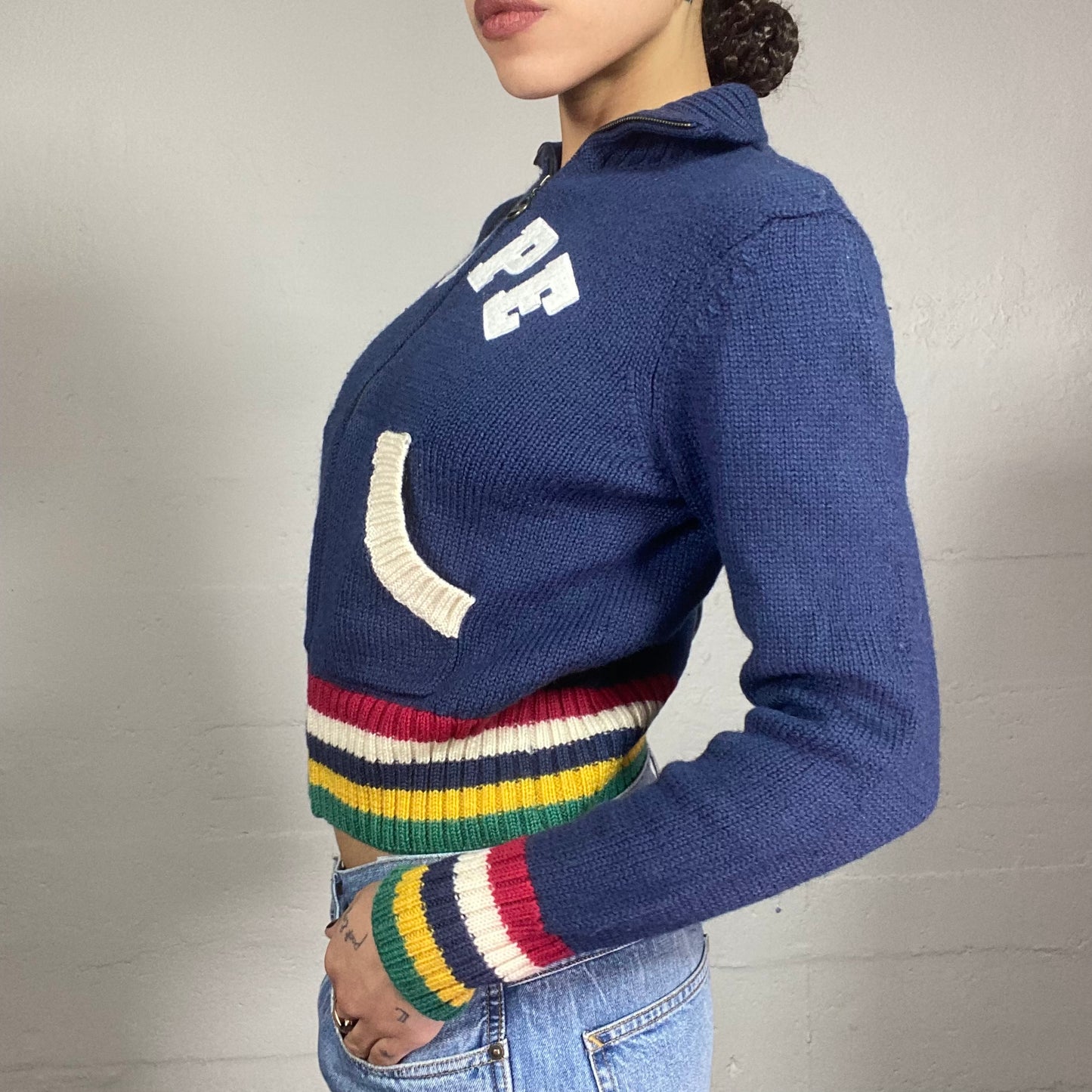 Vintage 90's Pepe Jeans Downtown Girl Blue Knitted Zip Up Hoodie with Red Trims and Brand Embroidery Detail (M)