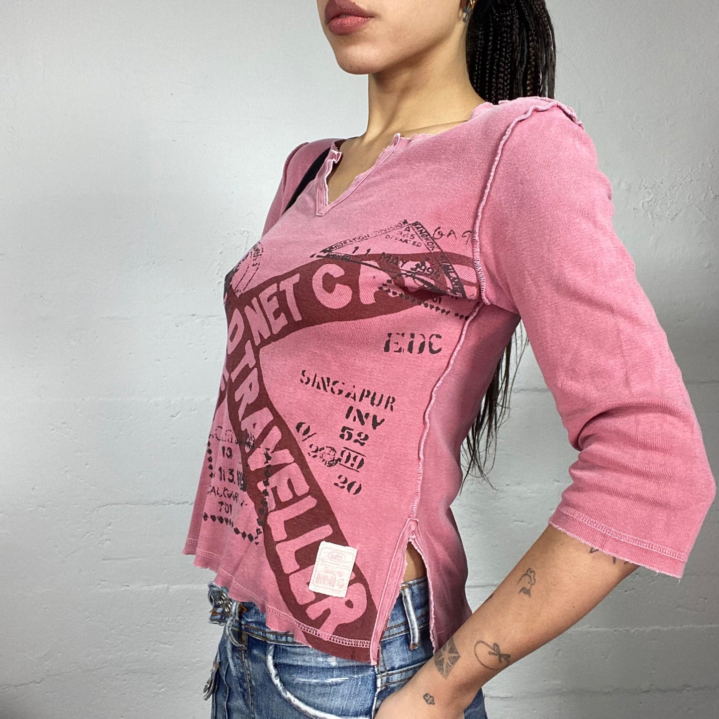 Vintage 2000's Downtown Girl Pink Longsleeve with Stamped Print (S)