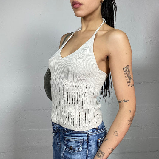 Vintage 2000's Morgan Boho Beige Neckholder Top with Knitted Material (S/M)
