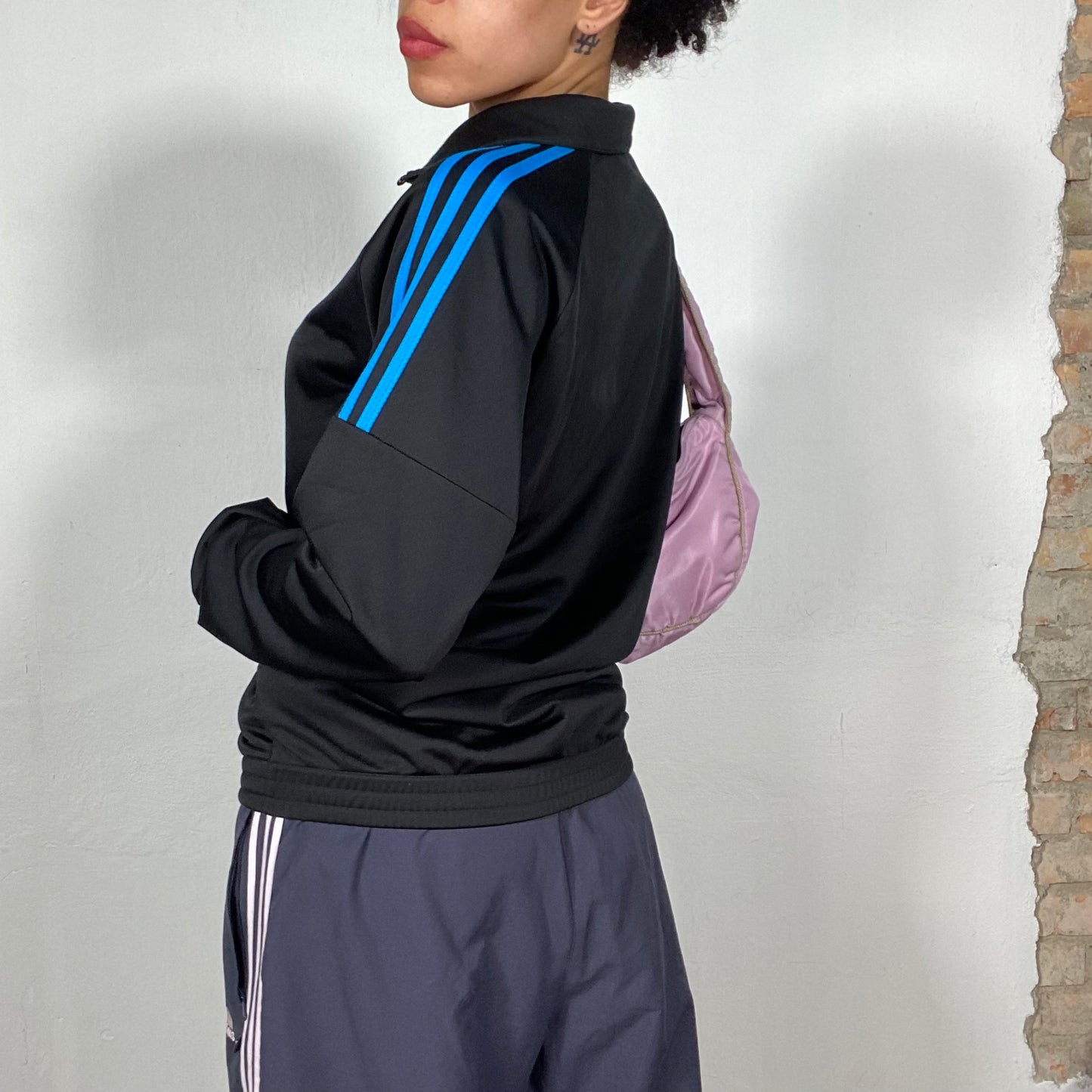 Vintage 90's Adidas Black Zip Up Sweater with Blue Stripes (M)