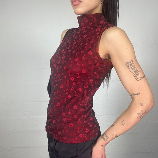 Vintage 2000's Vamp Goth Garnet Highneck Top with Floral Print (S)