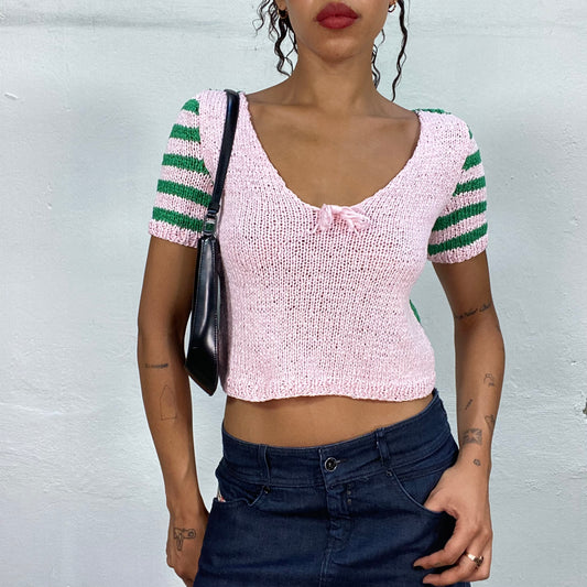 Vintage 90's Cute Girl Pink Crochet Top with Green Striped Detail (S/M)