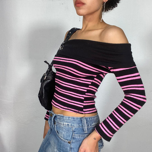 Vintage 90's Black and Pink Striped Off Shoudler Sweater (S)