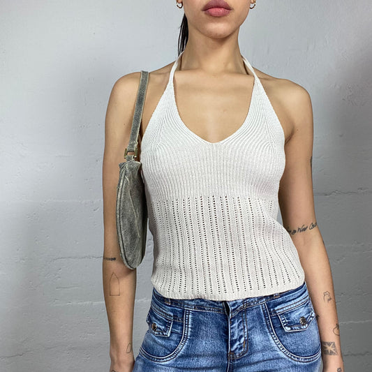 Vintage 2000's Morgan Boho Beige Neckholder Top with Knitted Material (S/M)