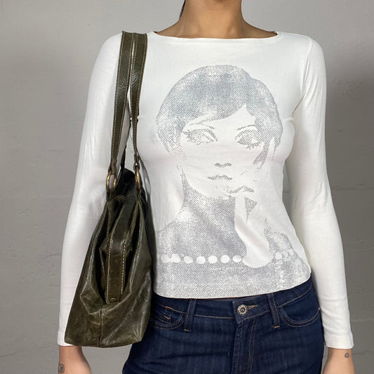 Vintage 2000's Downtown Girl White Longsleeve Top with Silver Woman Portrait Print (S/M)