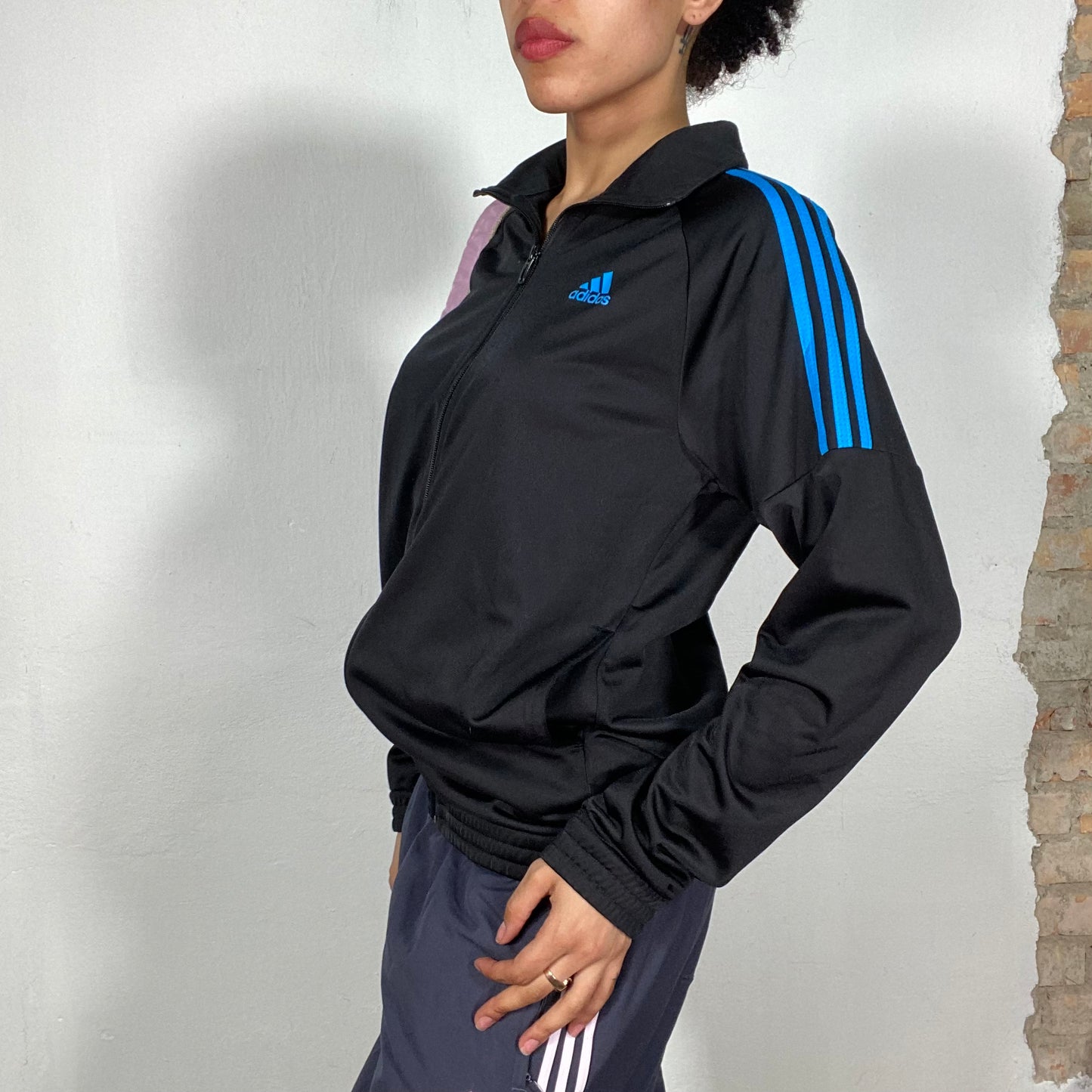 Vintage 90's Adidas Black Zip Up Sweater with Blue Stripes (M)