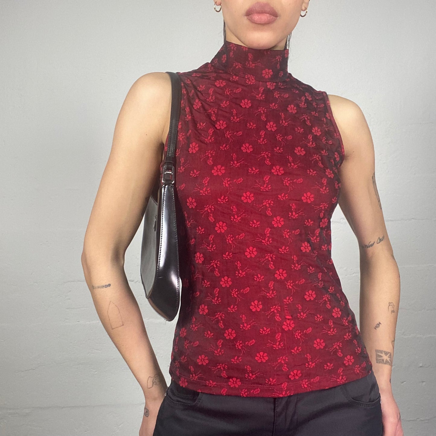 Vintage 2000's Vamp Goth Garnet Highneck Top with Floral Print (S)