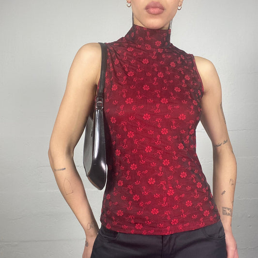Vintage 2000's Vamp Goth Garnet Highneck Top with Floral Print (S)