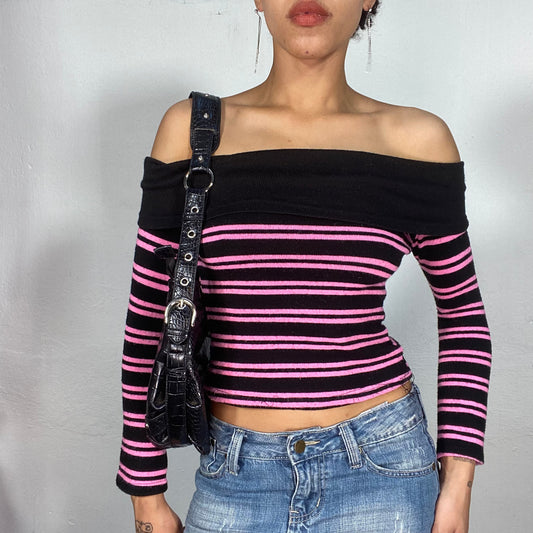 Vintage 90's Black and Pink Striped Off Shoudler Sweater (S)