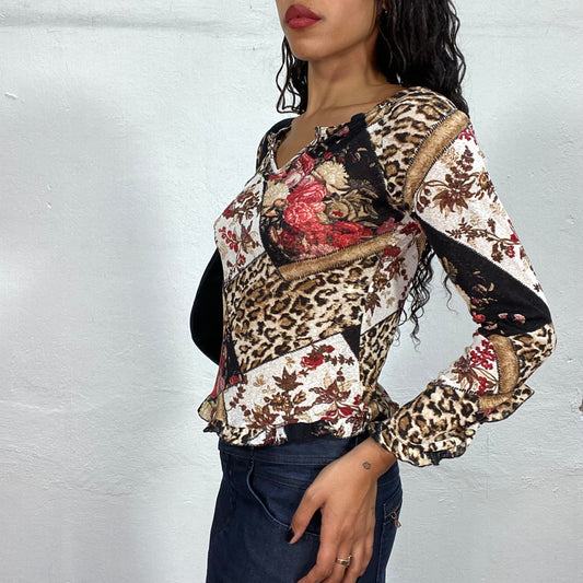 Vintage 90's Janice Brown Longsleeve Top with Patchwork Mixed Leo and Floral Print (S/M)