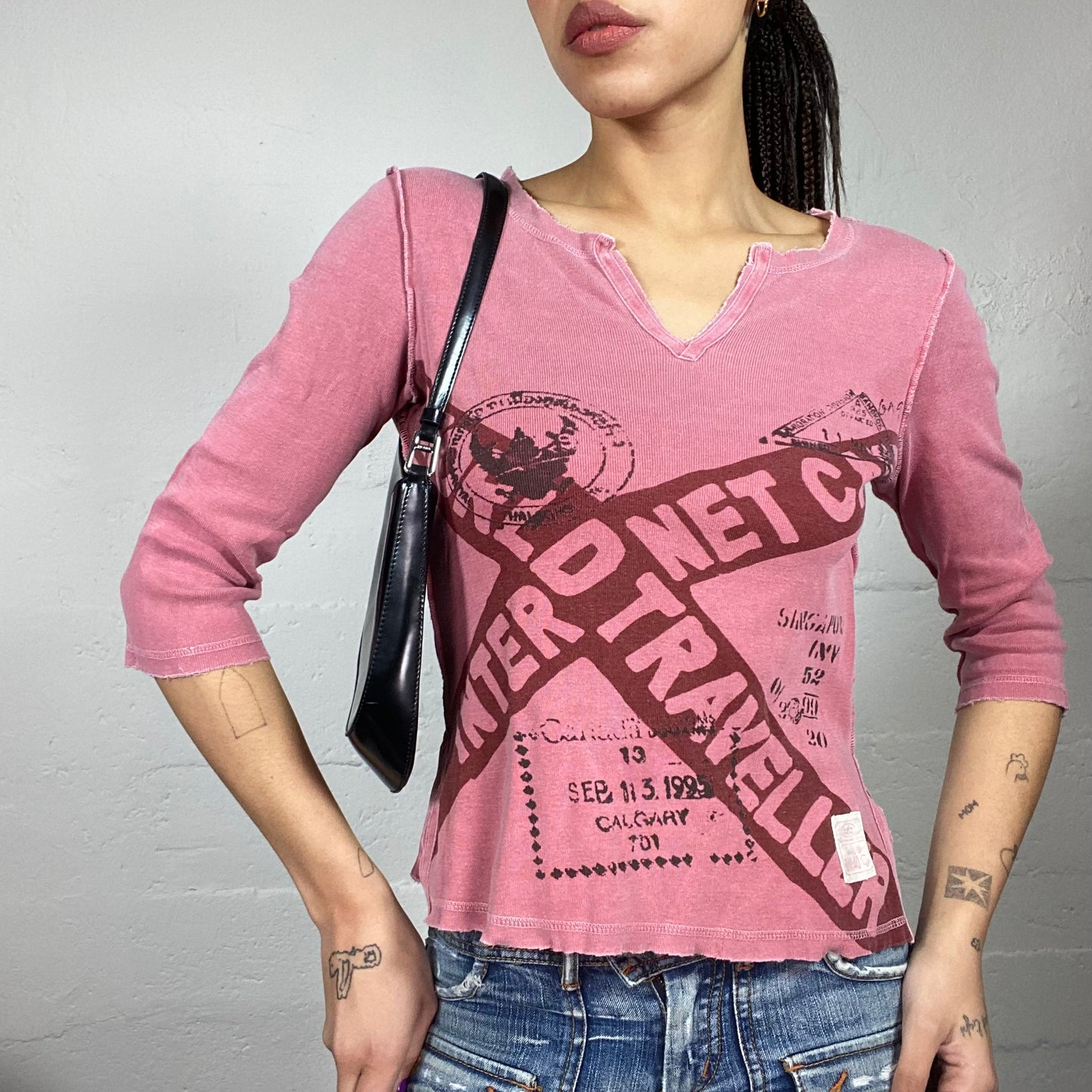 Vintage 2000's Downtown Girl Pink Longsleeve with Stamped Print (S)