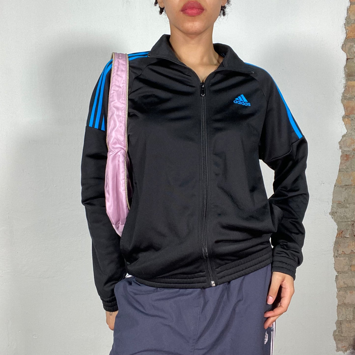 Vintage 90's Adidas Black Zip Up Sweater with Blue Stripes (M)