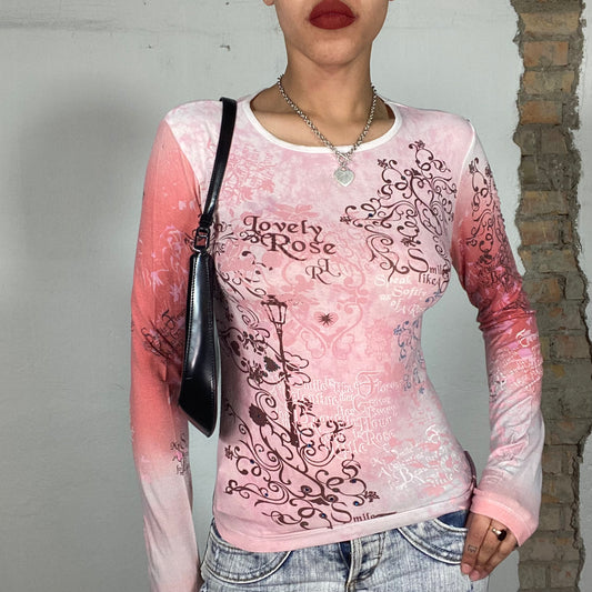 Vintage 2000's Streetstyle Pink Batik Longsleeve with Ornament and Writing Print (S)