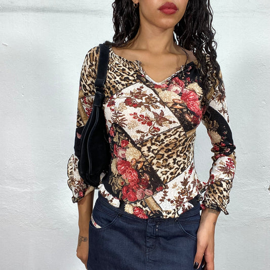 Vintage 90's Janice Brown Longsleeve Top with Patchwork Mixed Leo and Floral Print (S/M)