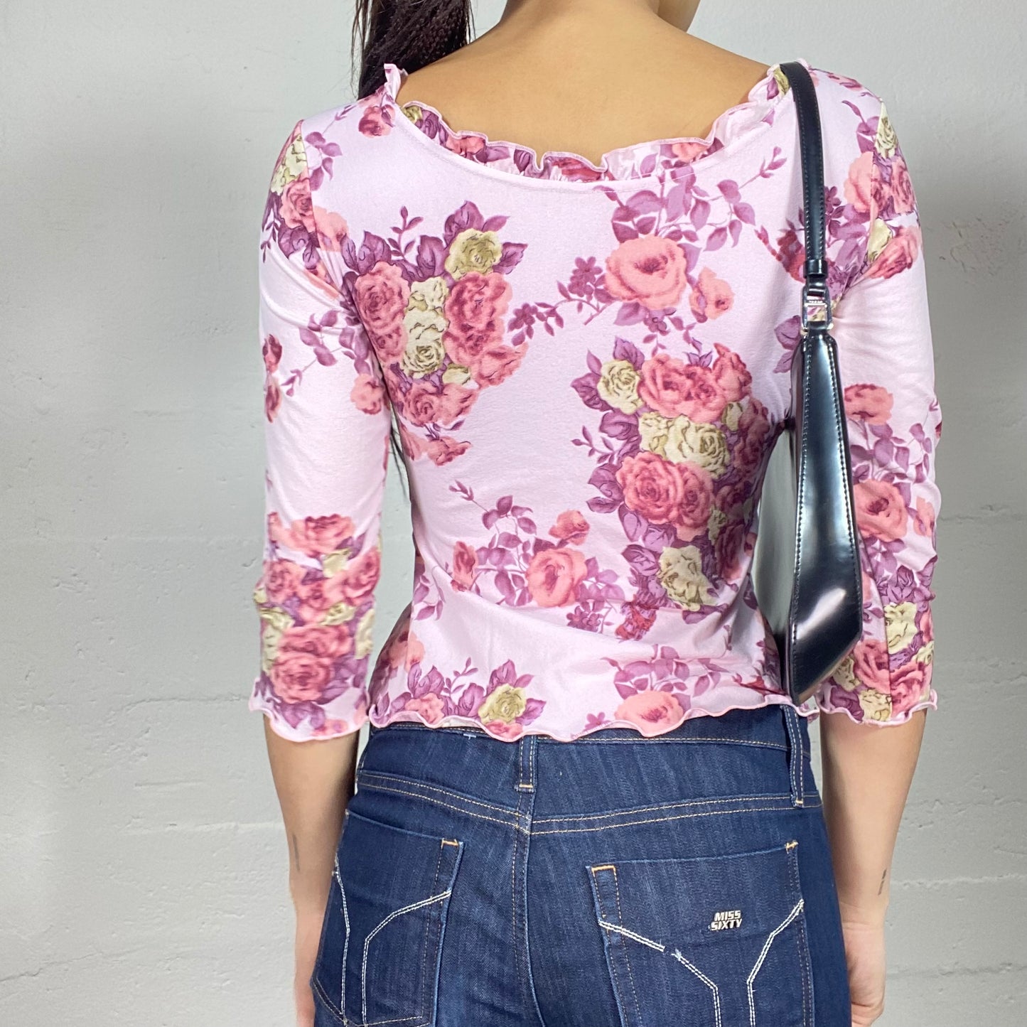 Vintage 90's Romantic Pink Longsleeve Top with Roses Print (S)