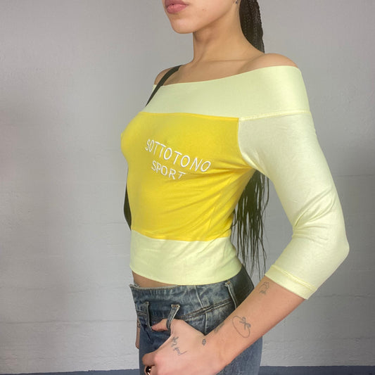 Vintage 2000's Downtown Girl Yellow Off Shoulder Top with Subtone Long Sleeves Detail (S)