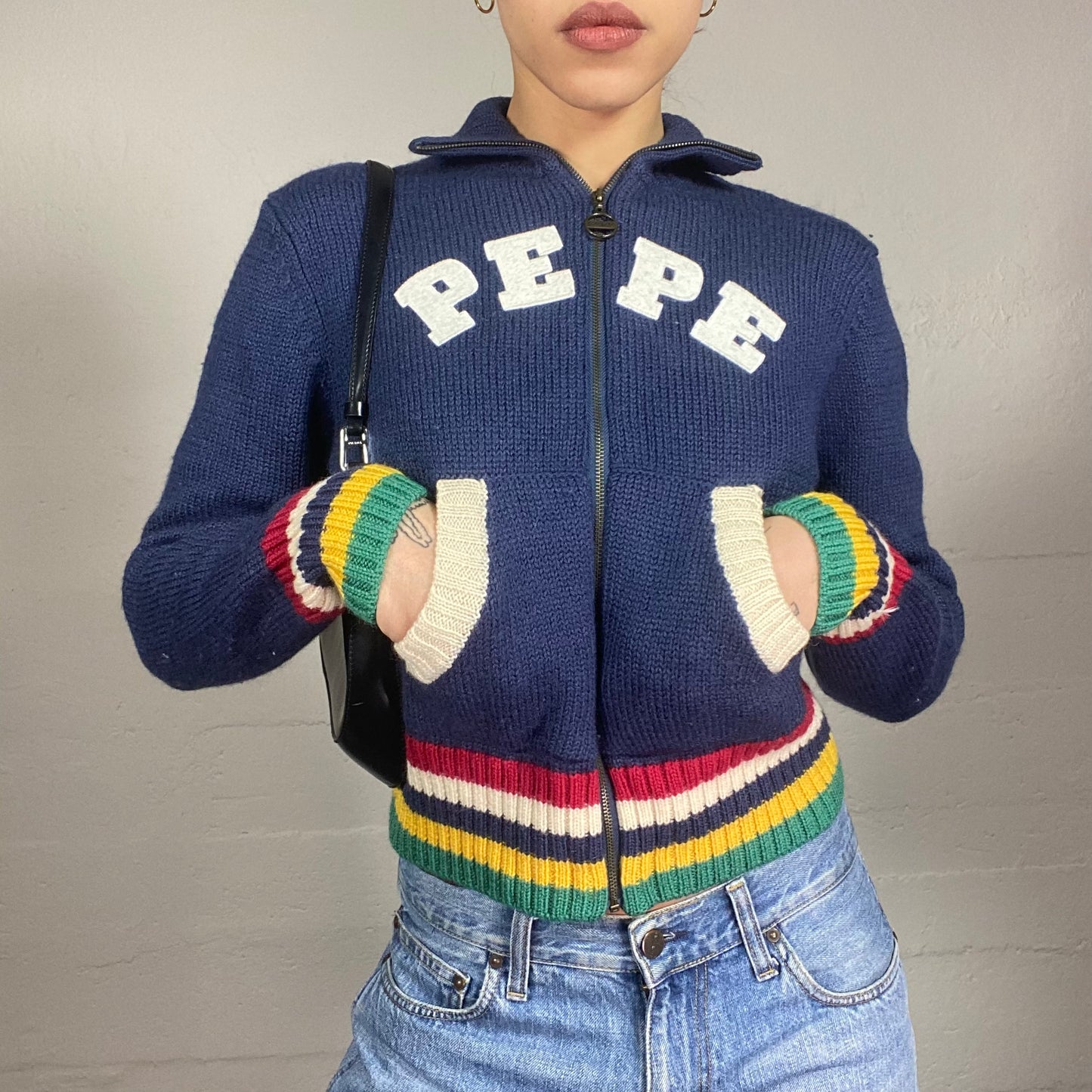 Vintage 90's Pepe Jeans Downtown Girl Blue Knitted Zip Up Hoodie with Red Trims and Brand Embroidery Detail (M)