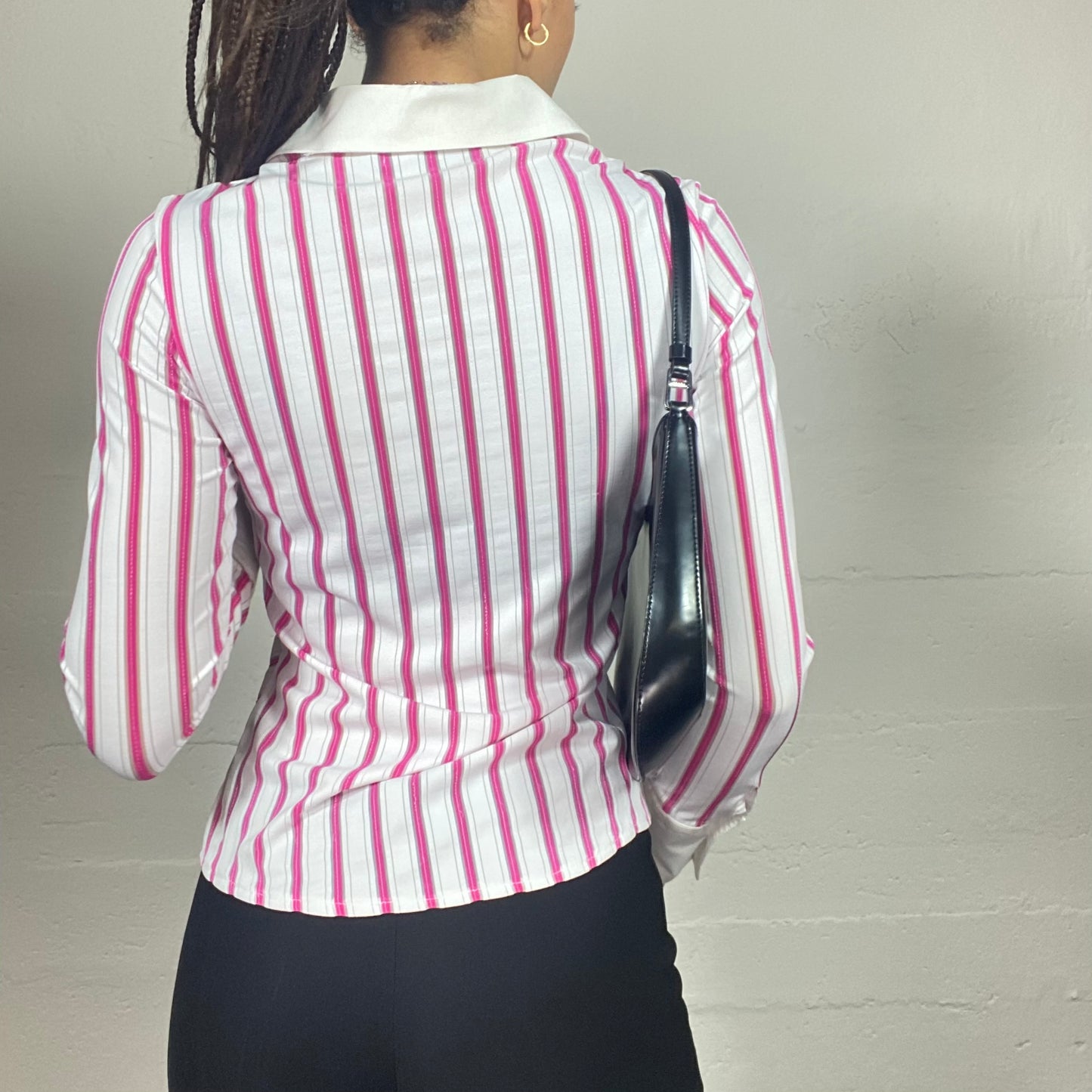 Vintage 90's Rachel Green White Zip Up Shirt with Pink Stripes Print (S)