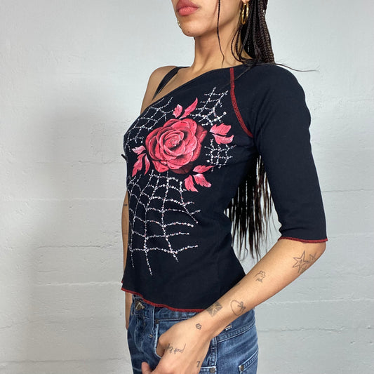 Vintage 2000's Romantic Goth Black One Shoulder Top with Red Rose Print (S/M)