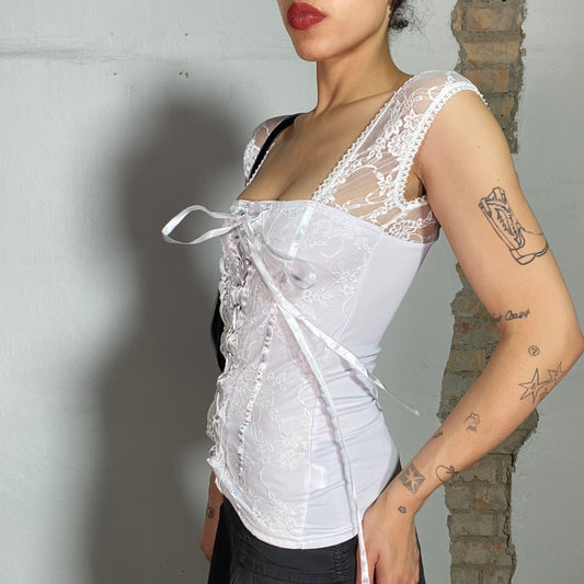 Vintage 2000's Coquette White Lace Top with Lace Up Detail (S)
