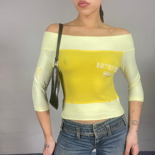 Vintage 2000's Downtown Girl Yellow Off Shoulder Top with Subtone Long Sleeves Detail (S)