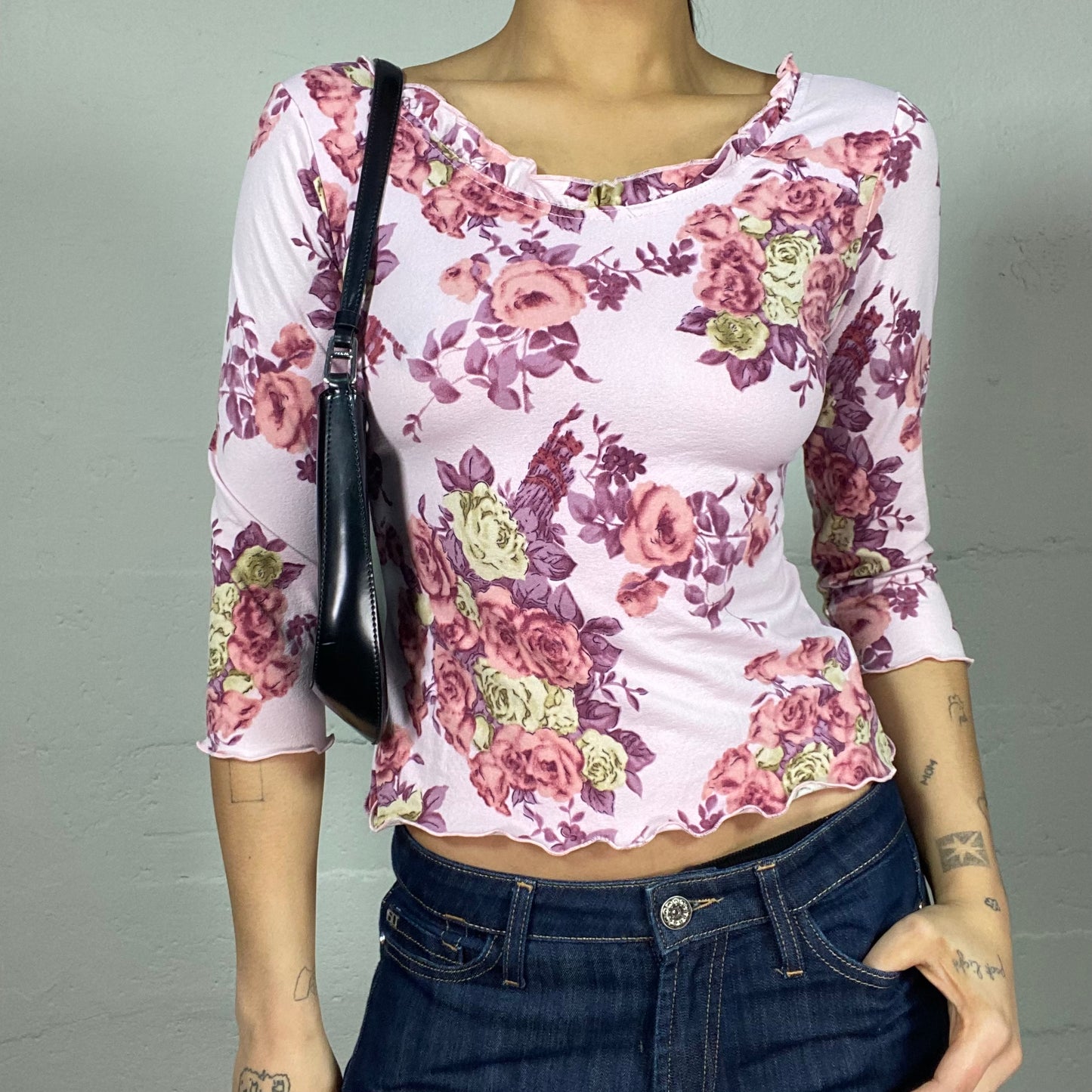 Vintage 90's Romantic Pink Longsleeve Top with Roses Print (S)