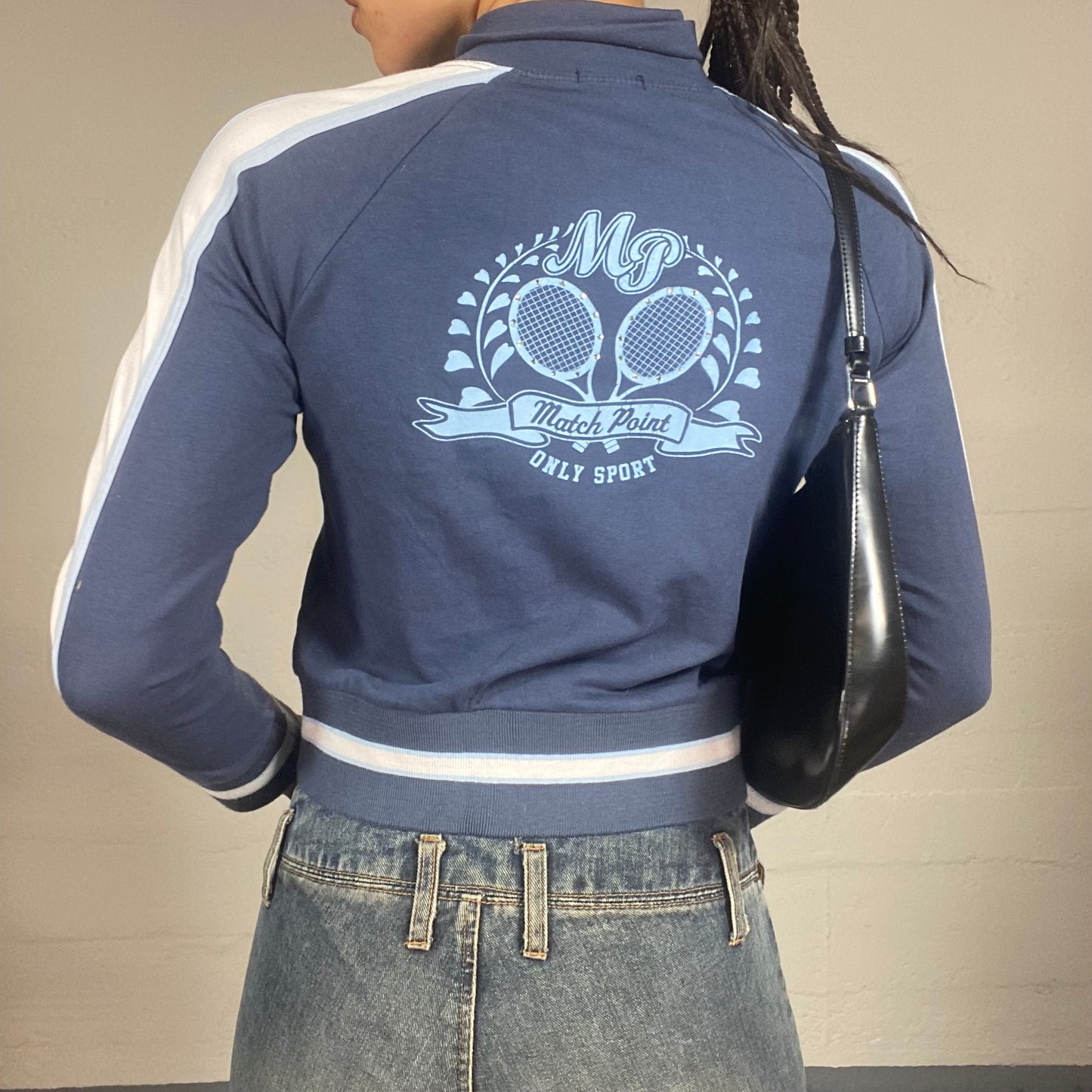 Vintage 2000's Downtown Girl Blue Zip Up Hoodie with "Only Game Match" Print (S)