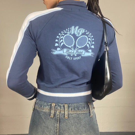 Vintage 2000's Downtown Girl Blue Zip Up Hoodie with "Only Game Match" Print (S)