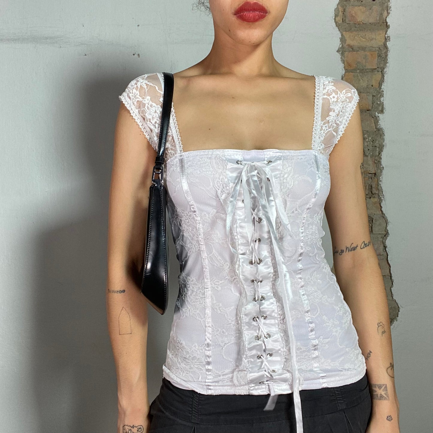 Vintage 2000's Coquette White Lace Top with Lace Up Detail (S)