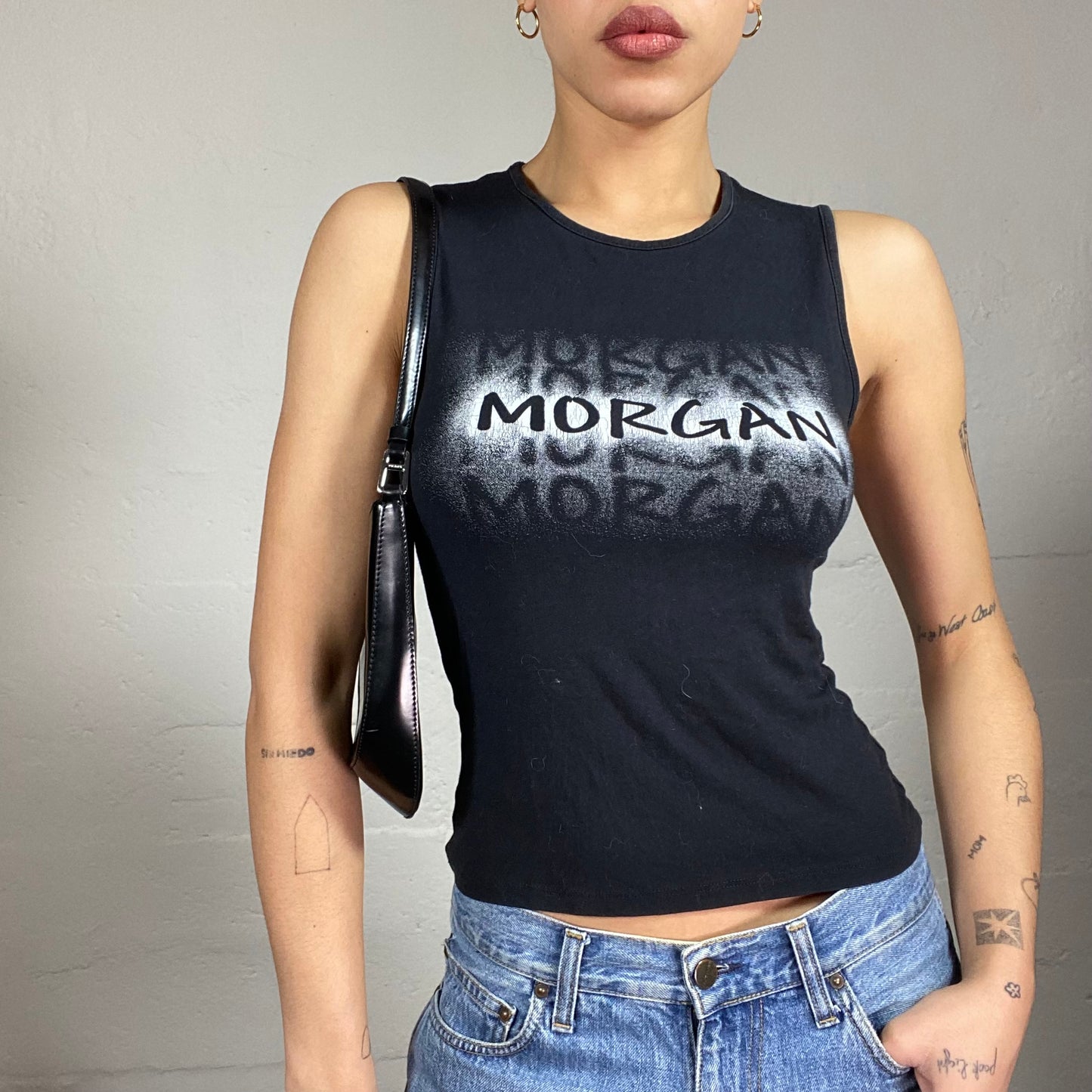 Vintage 2000's Morgan Black Tank Top with 'Sprayed' Brand Print (S)