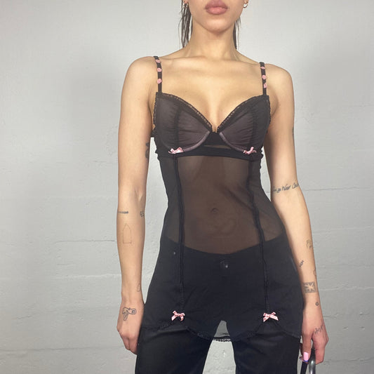 Vintage 2000's Goth Babydoll Black Mesh Long Corset Top with Pink Rosettes Detail (S)
