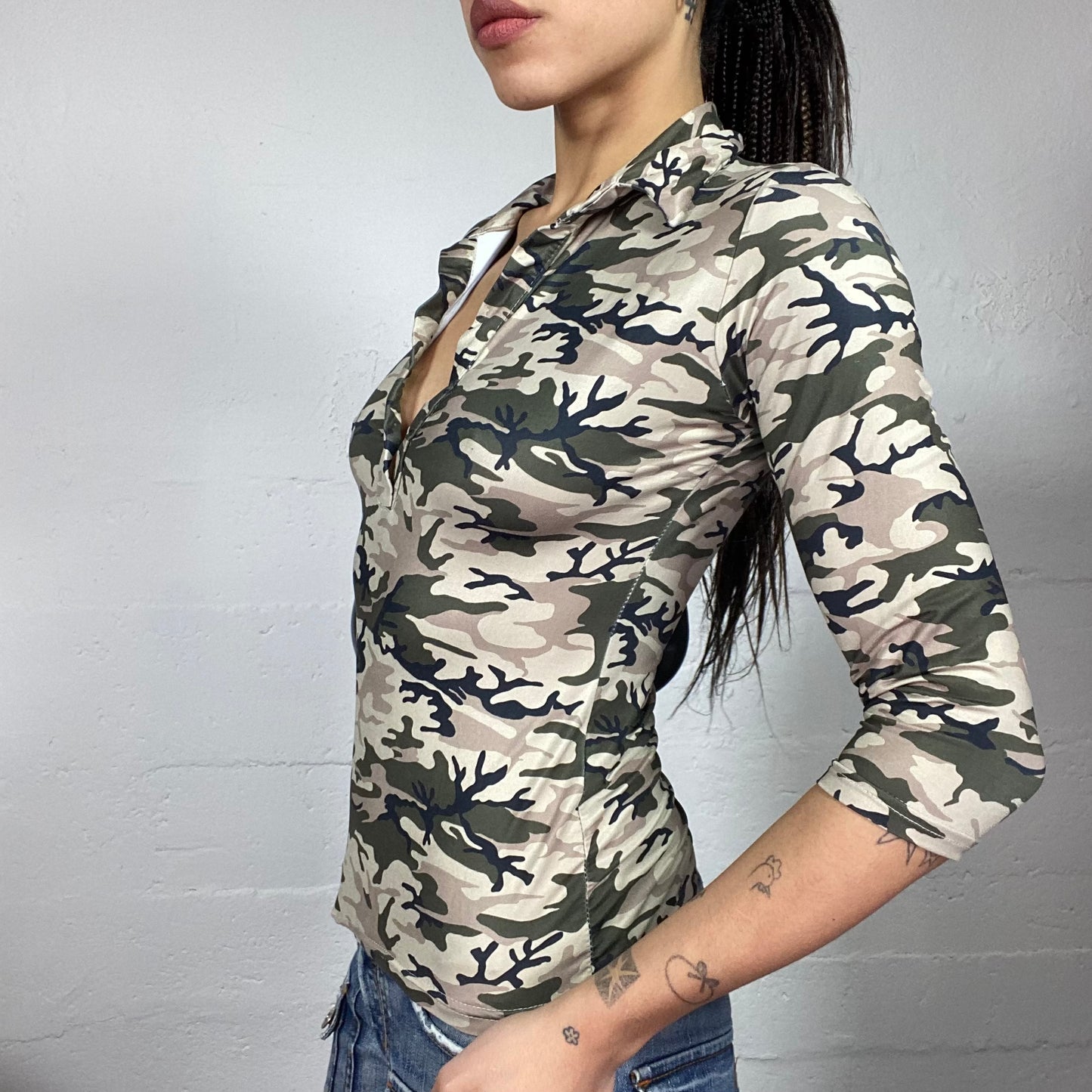 Vintage 2000's Rave Khaki Longsleeve Top with Camo Print (S)