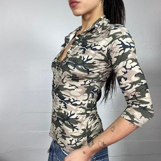 Vintage 2000's Rave Khaki Longsleeve Top with Camo Print (S)