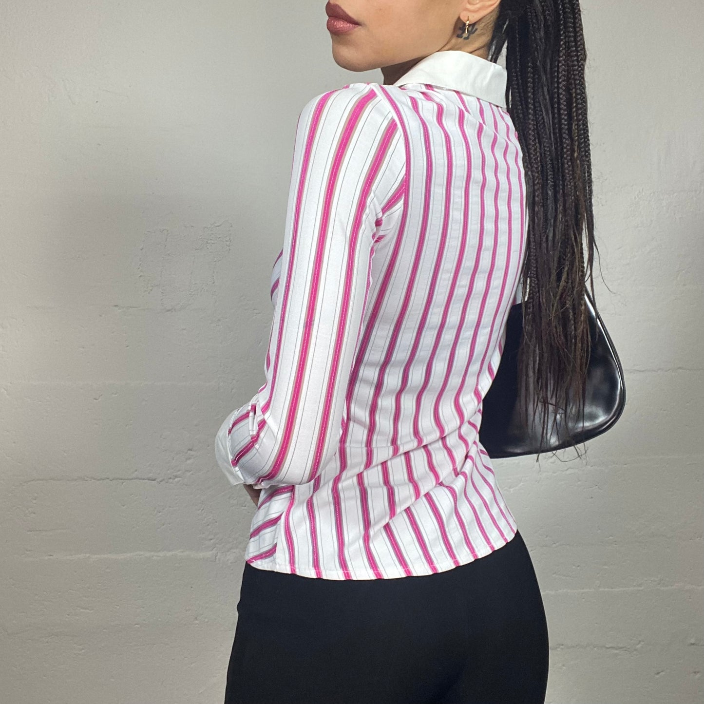 Vintage 90's Rachel Green White Zip Up Shirt with Pink Stripes Print (S)