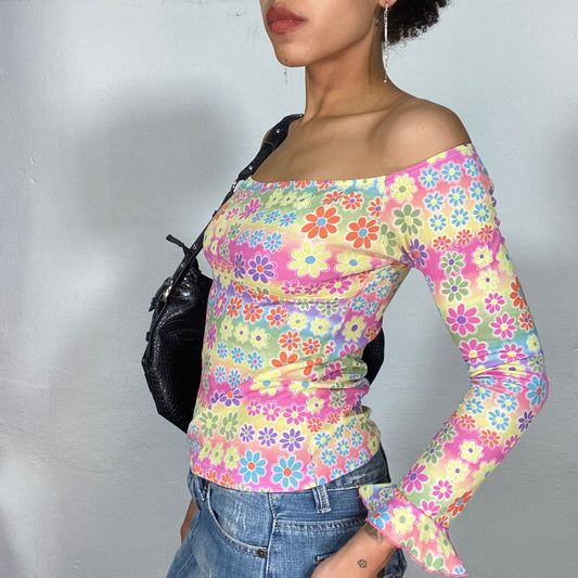 Vintage 90's Hippe Multicolor Floral Off Shoudler Top (S)